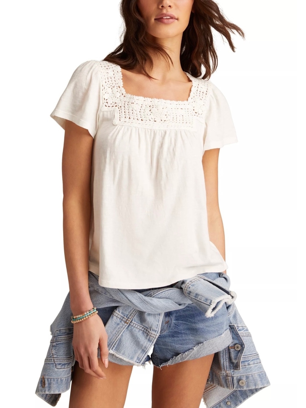 Lucky Brand White Crochet Square Neck Boho Top Size XL